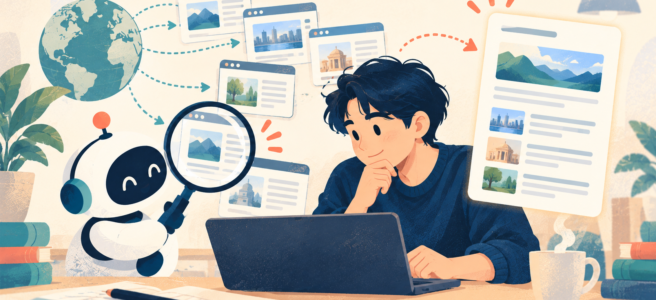 AIと人がWeb上の資料を調べ、出典付きの情報を整理するイラスト