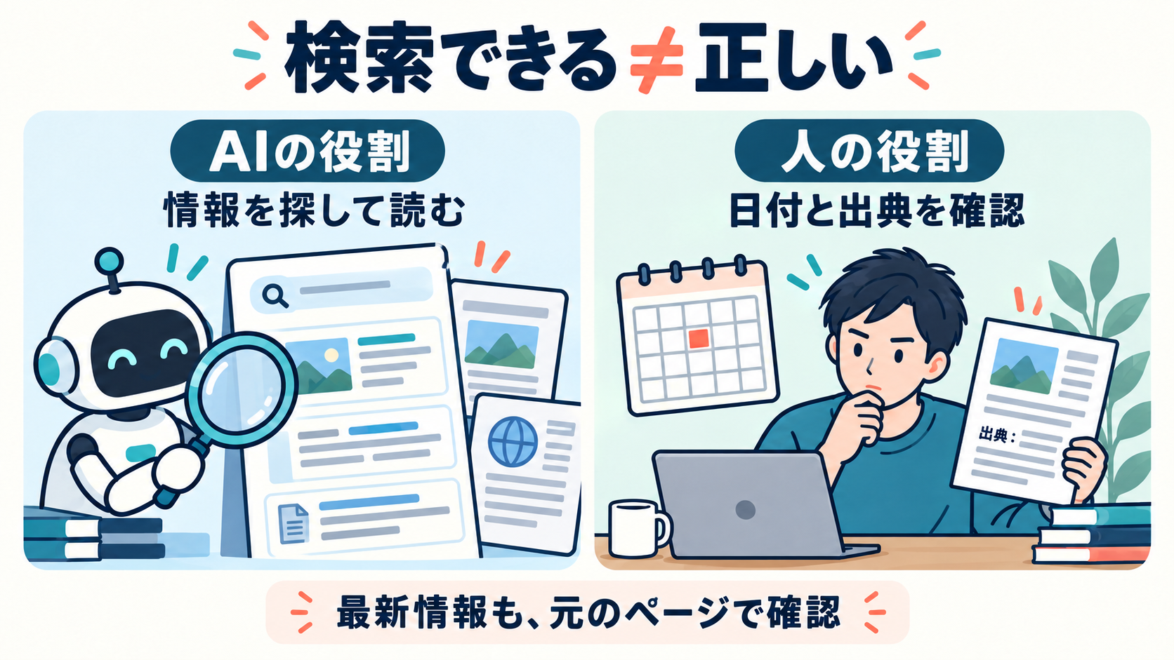 AIが情報を探して読み、人が日付と出典を確認する役割分担