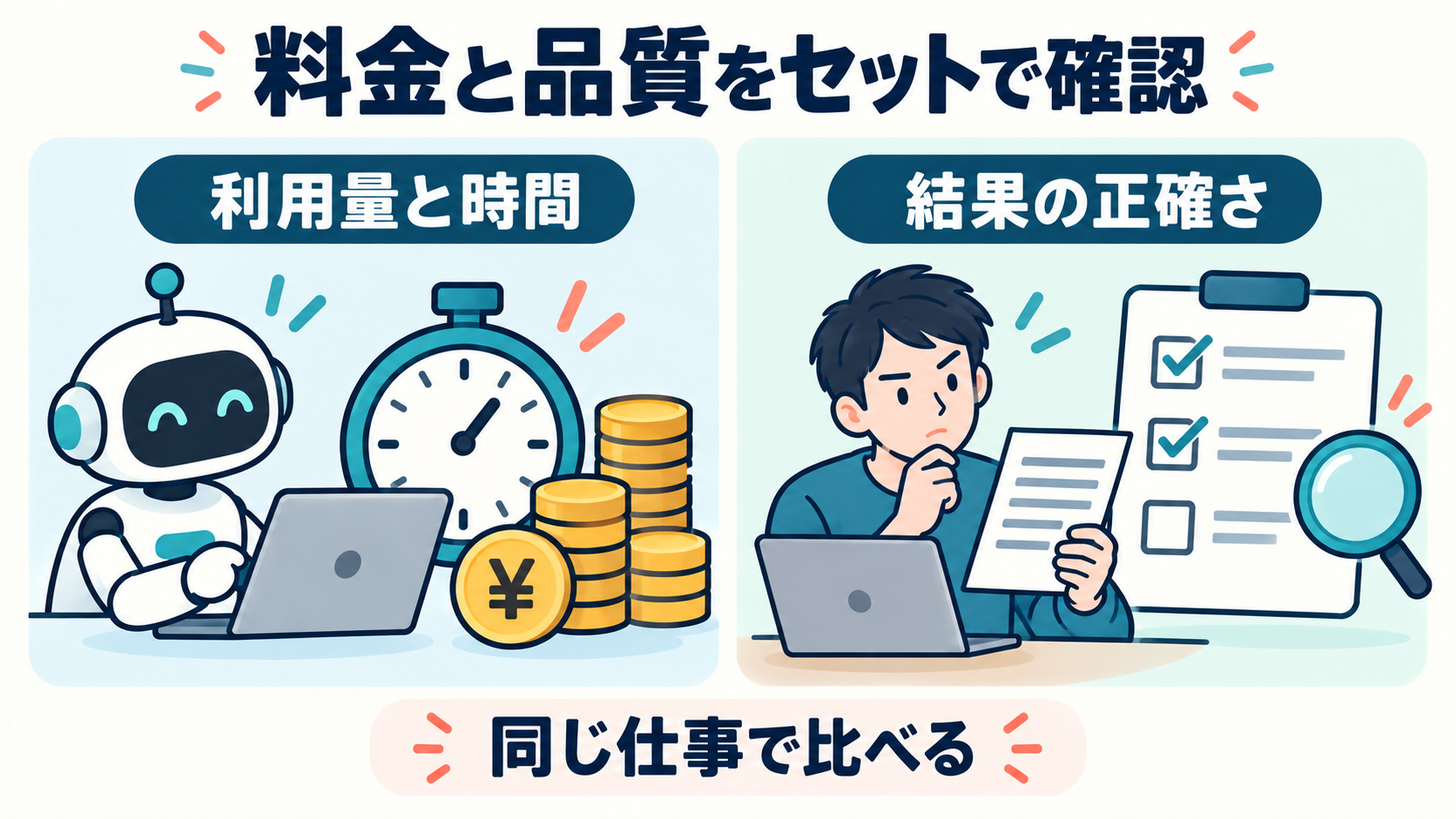 AIの利用量と時間に加えて、出力結果の正確さも同じ仕事で比較する考え方