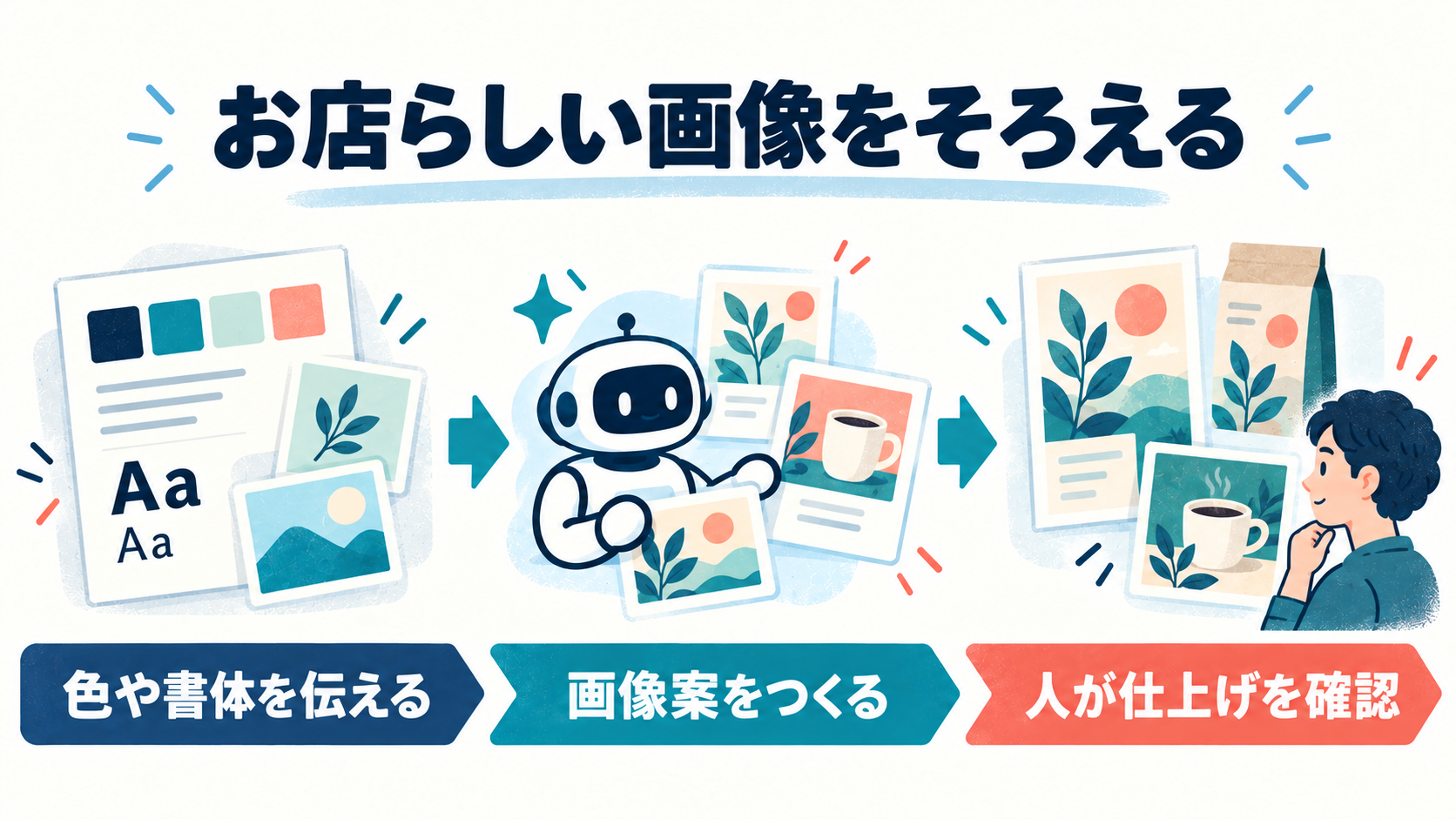 色や書体を伝え、画像案を作り、人が仕上げを確認する流れ