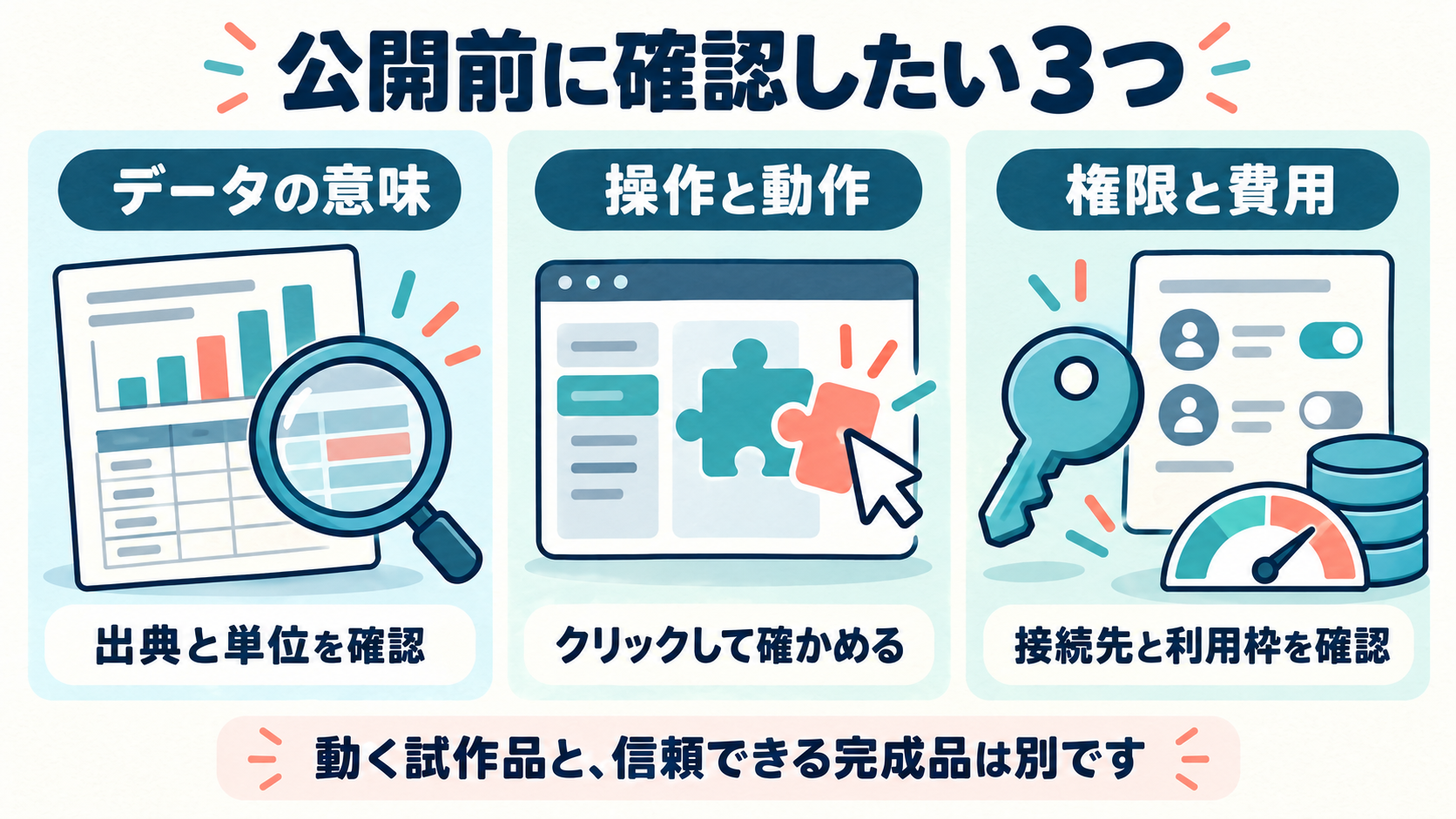 データの意味、操作と動作、権限と費用を公開前に確認する図