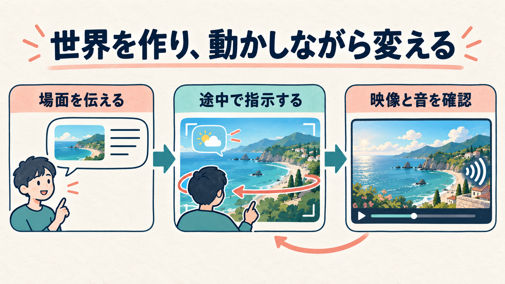 場面を伝え、途中で指示し、映像と音を確認する世界モデルの操作を表す図