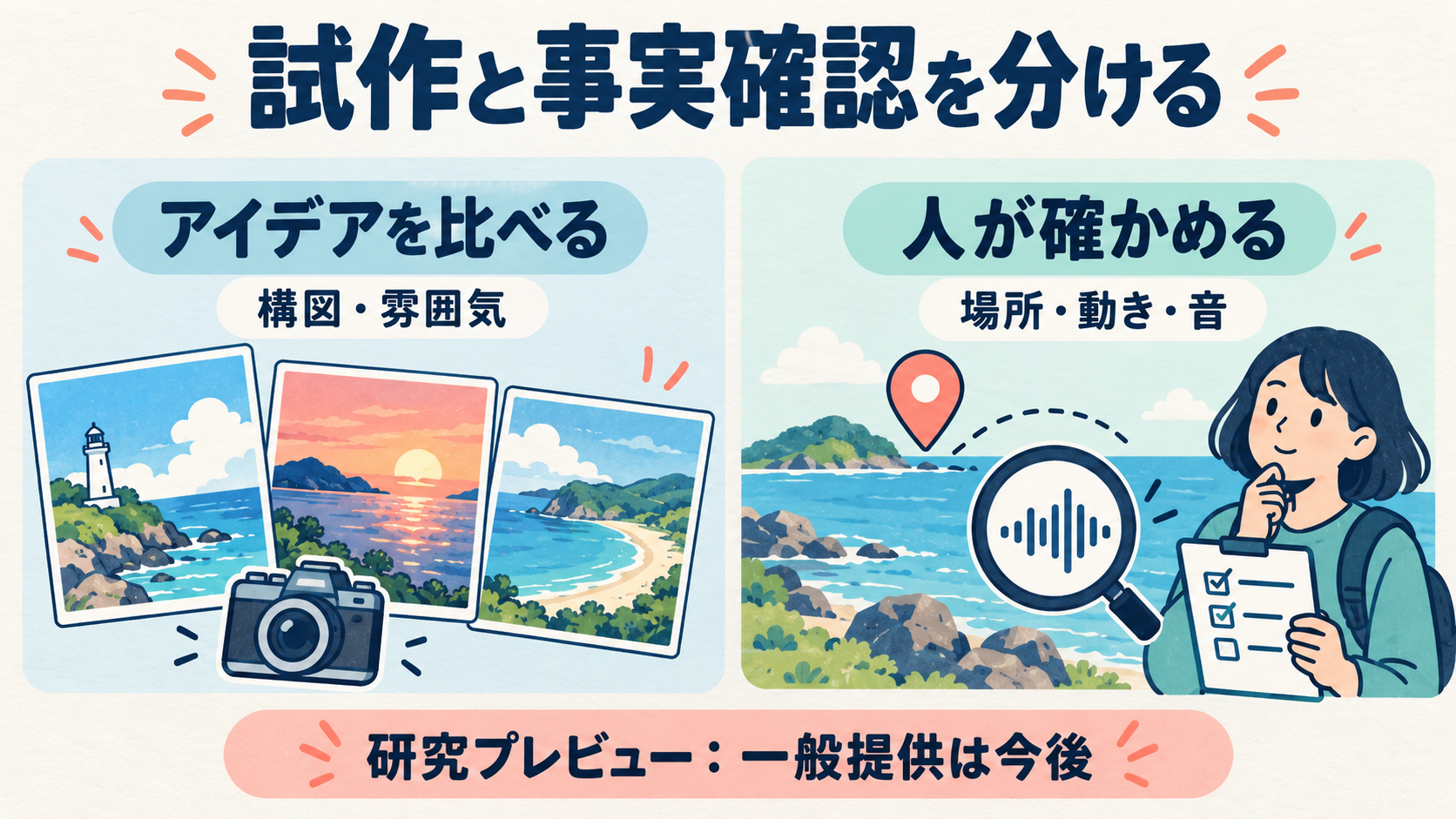 構図や雰囲気の試作と、場所・動き・音を人が確認する工程を分けた図