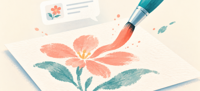 会話から絵筆が花のイラストを生み出す、画像制作を表したイメージ
