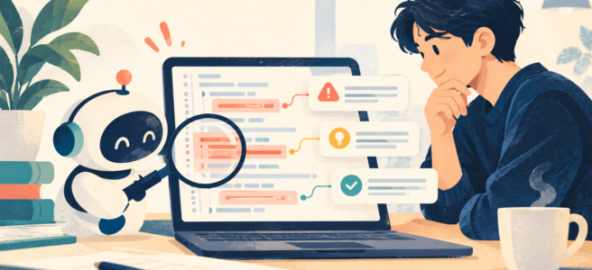 AIがコードを点検し、人が確認する様子を描いたイラスト